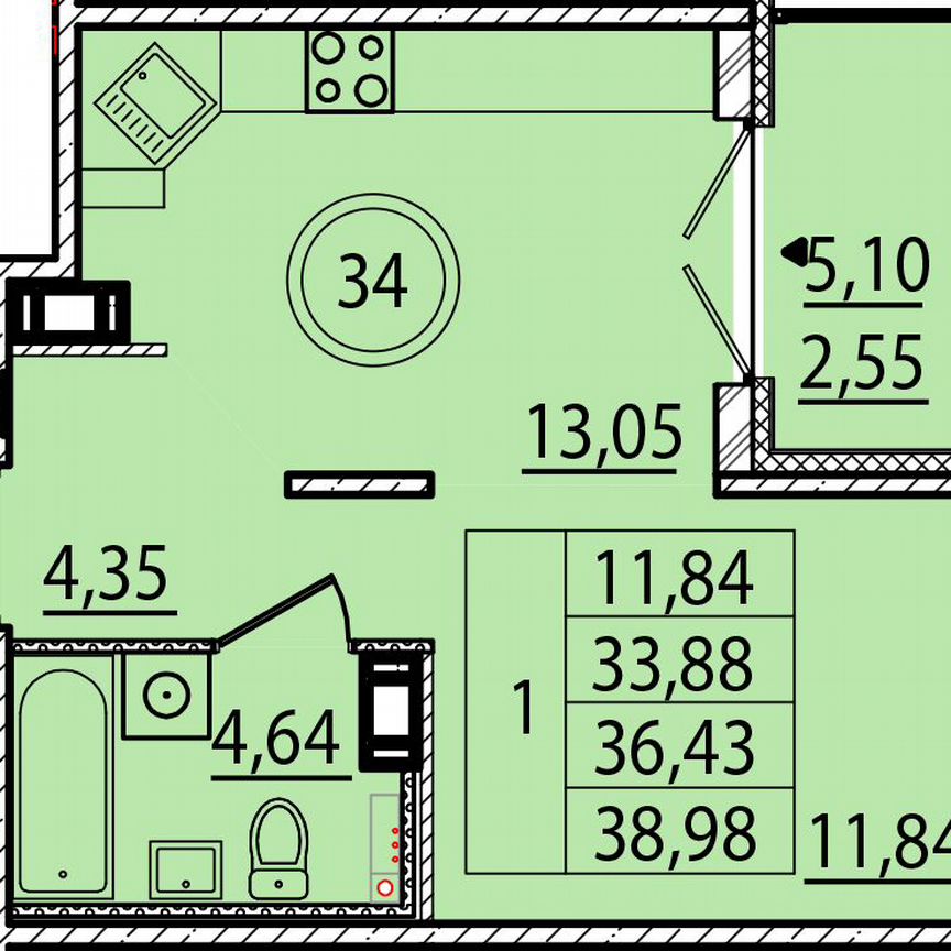 1-к. квартира, 33,9 м², 3/4 эт.