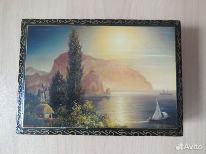 Шкатулка лак, папье-маше. Морской пейзаж. Винтаж