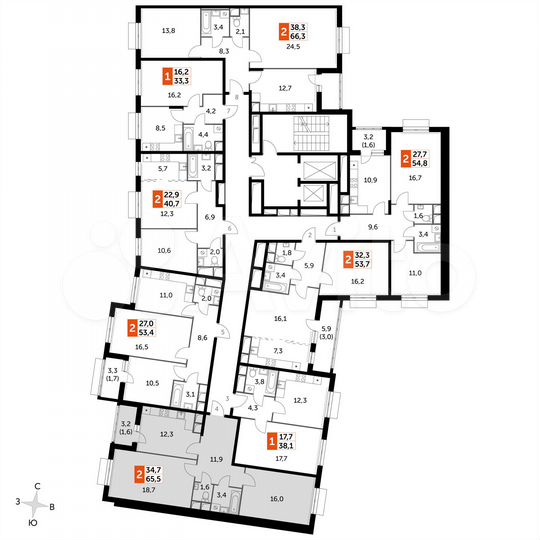2-к. квартира, 65,5 м², 2/16 эт.