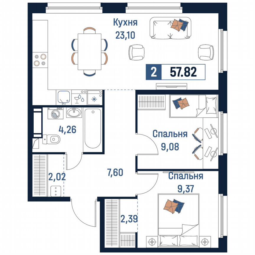 2-к. квартира, 57,8 м², 14/18 эт.