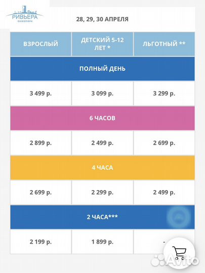 Билет Аквапарк Ривьера (детский)