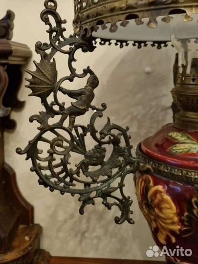 Керосиновая лампа, Европа, майолика + бронза