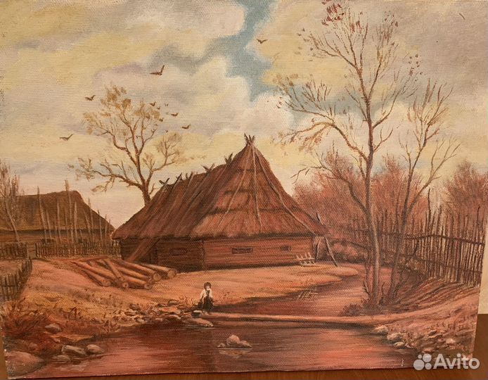 Картина Маслом на Холсте. Деревенский Пейзаж