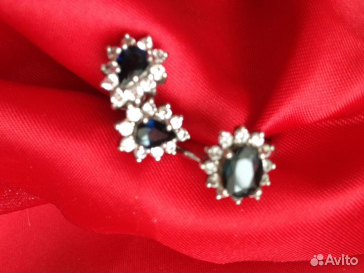 Кольцо, пуссеты(серьги гвоздики) серебро сапфир