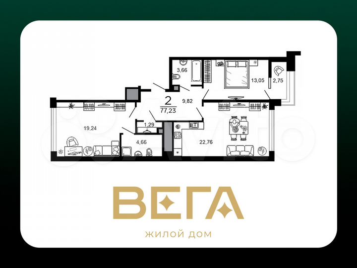 2-к. квартира, 77,2 м², 3/19 эт.