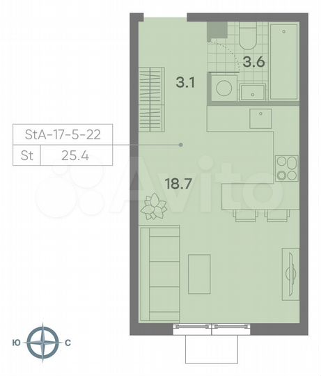 Квартира-студия, 25,4 м², 15/23 эт.
