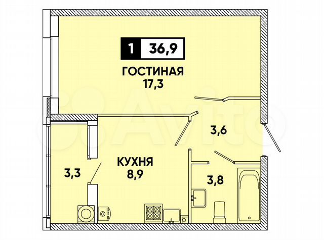 1-к. квартира, 37 м², 2/12 эт.