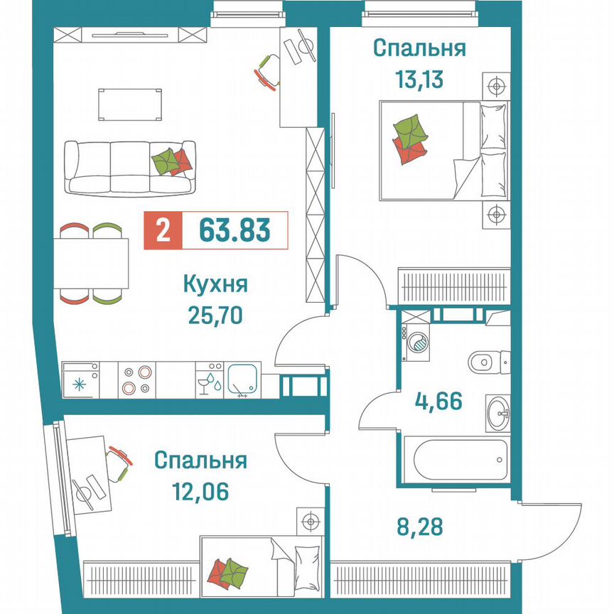 2-к. квартира, 63,8 м², 2/18 эт.