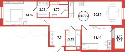 2-к. квартира, 66,4 м², 10/12 эт.