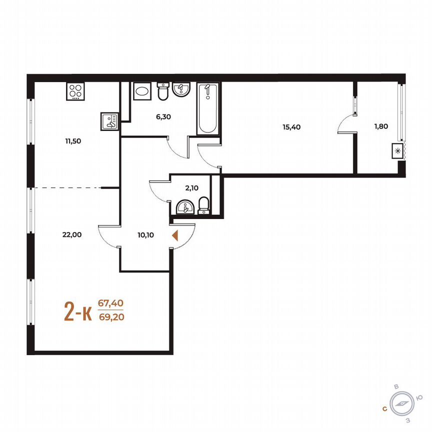 2-к. квартира, 69,2 м², 6/8 эт.