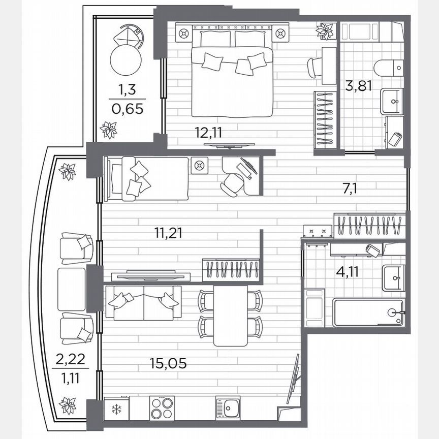 2-к. квартира, 55,1 м², 7/13 эт.