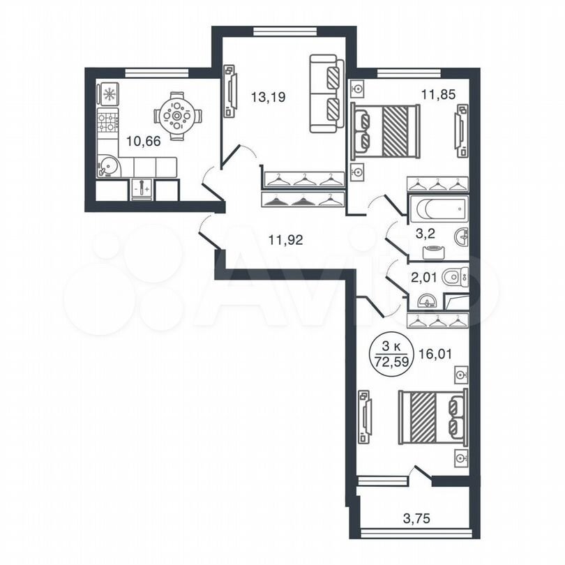 3-к. квартира, 72,6 м², 3/17 эт.