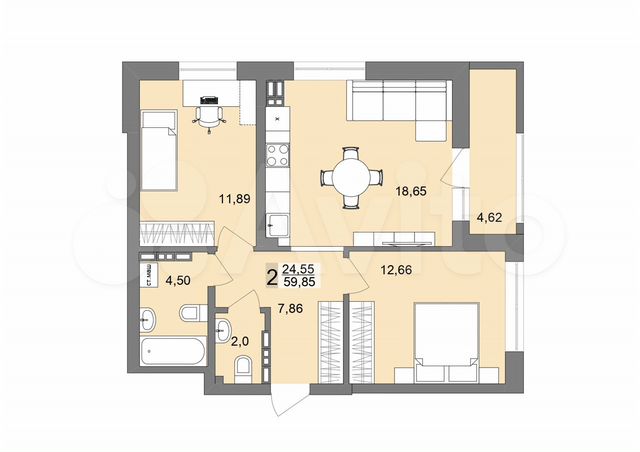 2-к. квартира, 59,5 м², 16/26 эт.