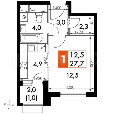 Квартира-студия, 27,7 м², 3/16 эт.