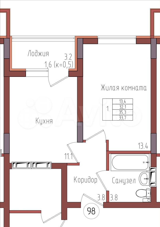 1-к. квартира, 33,7 м², 4/9 эт.