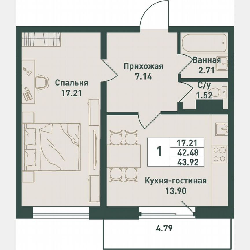 1-к. квартира, 45,5 м², 3/16 эт.