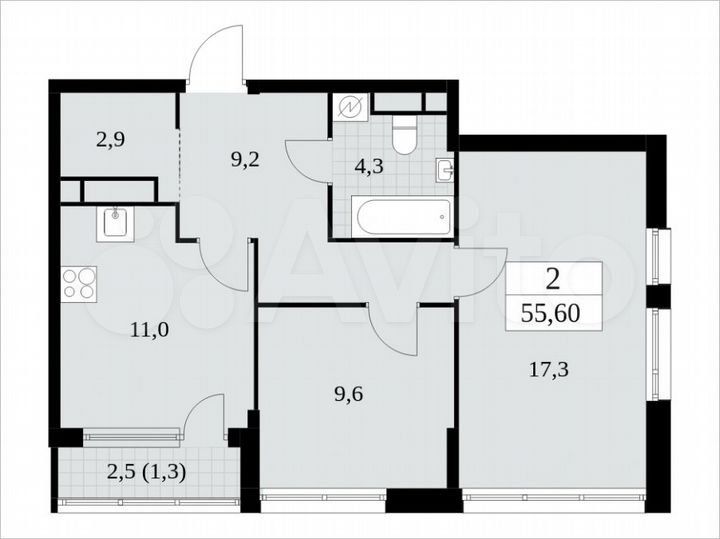 2-к. квартира, 55,6 м², 30/30 эт.