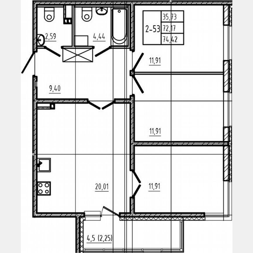 3-к. квартира, 72,2 м², 2/4 эт.