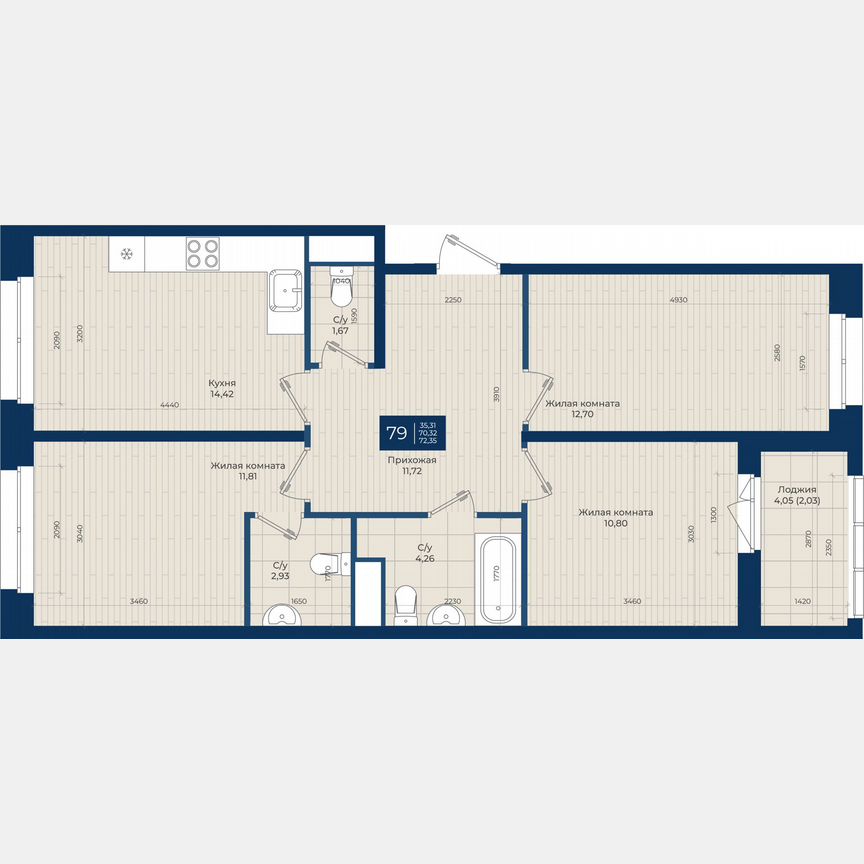 3-к. квартира, 72,4 м², 1/12 эт.