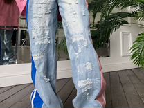 Широкие комбинированные джинсы на резинке