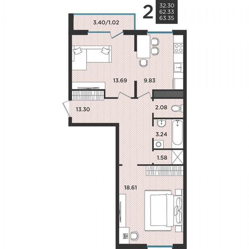 2-к. квартира, 62,9 м², 3/3 эт.