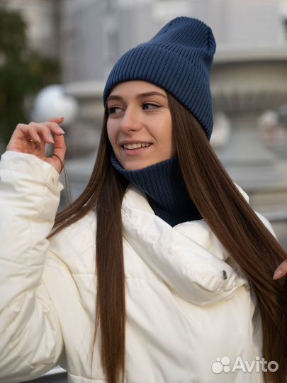 Шапка и шарф баф снуд в подарок. Синий комплект