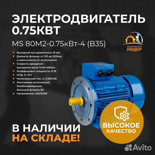 Асинхронный трехфазный двигатель 0.75 кВт (MS 80M2