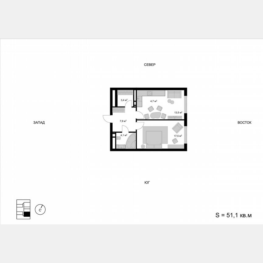 2-к. квартира, 51,1 м², 11/17 эт.