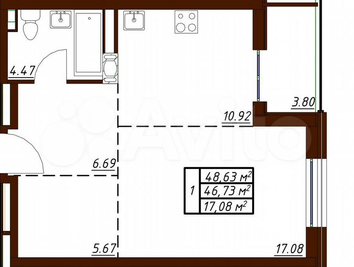 1-к. квартира, 48,6 м², 15/19 эт.