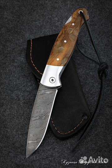 Нож складной Сова сталь дамаск накладки карельская