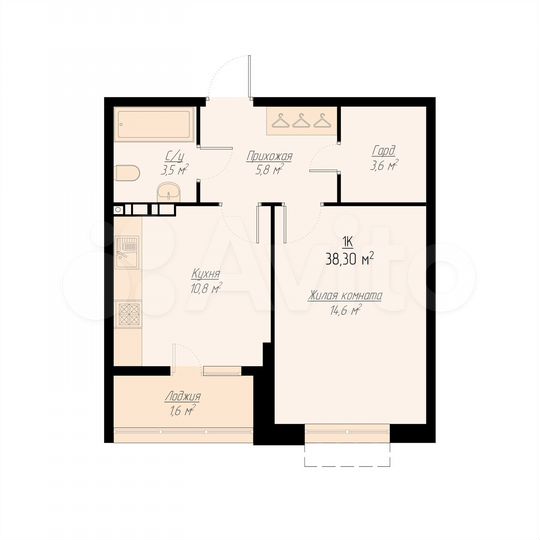 1-к. квартира, 38 м², 6/8 эт.