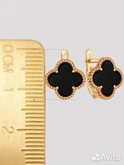 Золотые 585 серьги в стиле Van Cleef с ониксом