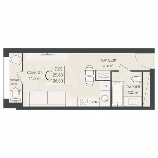 Квартира-студия, 26,9 м², 15/17 эт.