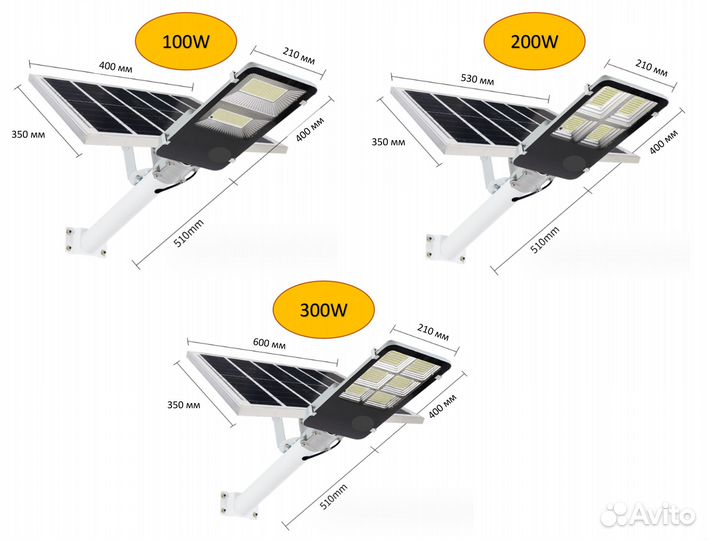 Фонари уличные 100,200,300 вт на солнечной батарее