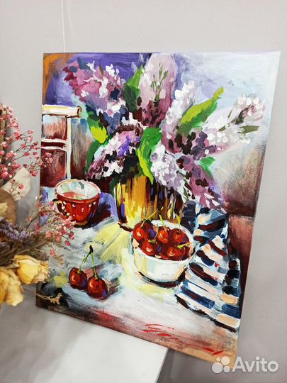 Картина сирень букет в вазе натюрморт масло холст