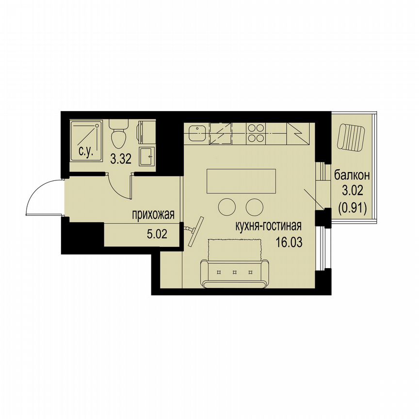 Квартира-студия, 25,3 м², 6/12 эт.