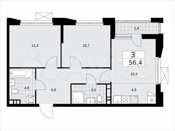 3-к. квартира, 56,4 м², 9/9 эт.