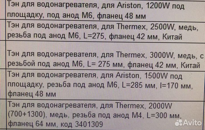 Тен для водонагревателя италия в ассортименте