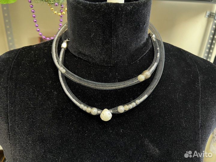 Колье Ажурная сетка Бисер Хлопковый жемчуг