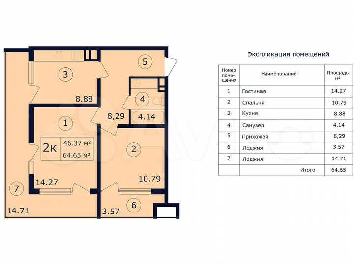 2-к. апартаменты, 60 м², 2/8 эт.