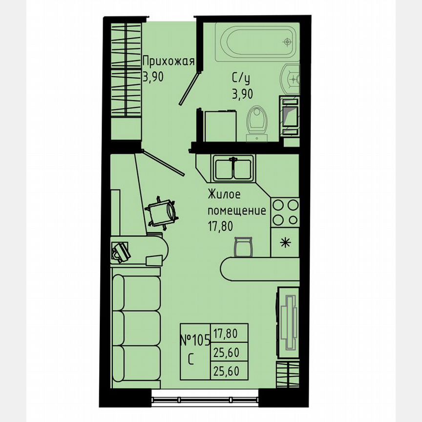 Квартира-студия, 25,6 м², 4/8 эт.