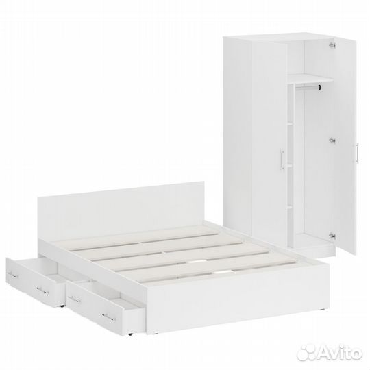 Кровать белая двуспальная с ящиками 1600 со шкафом для одежды 2-х створчатым Стандарт, цвет белый, с