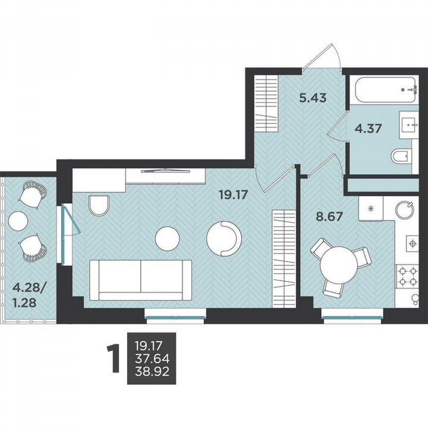 1-к. квартира, 38,9 м², 4/4 эт.