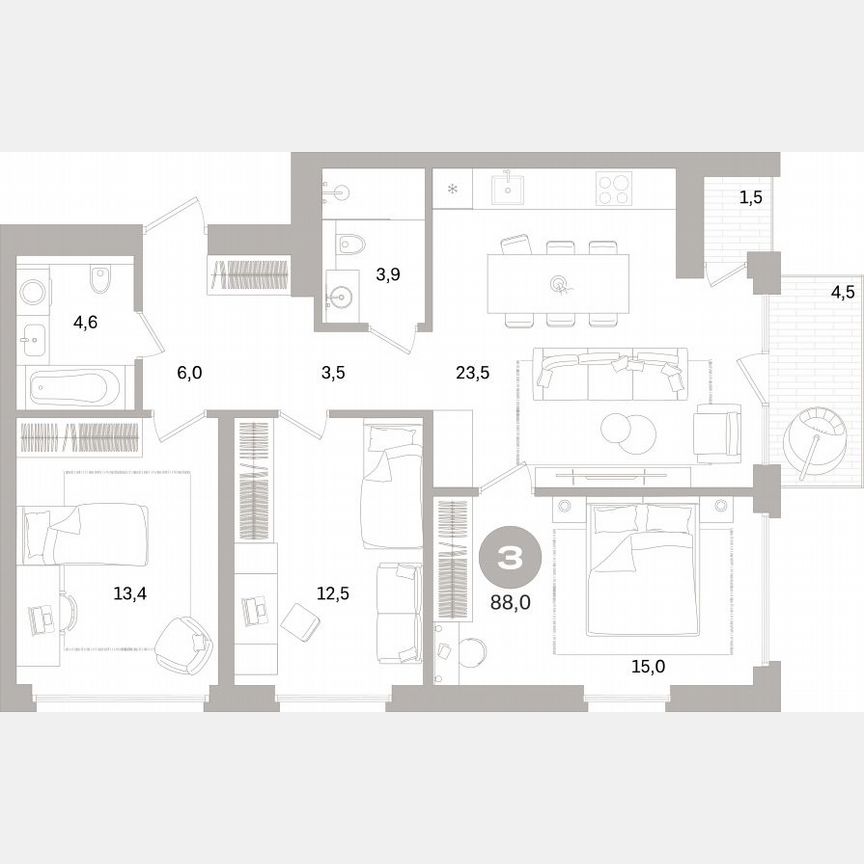 3-к. квартира, 87,3 м², 5/16 эт.