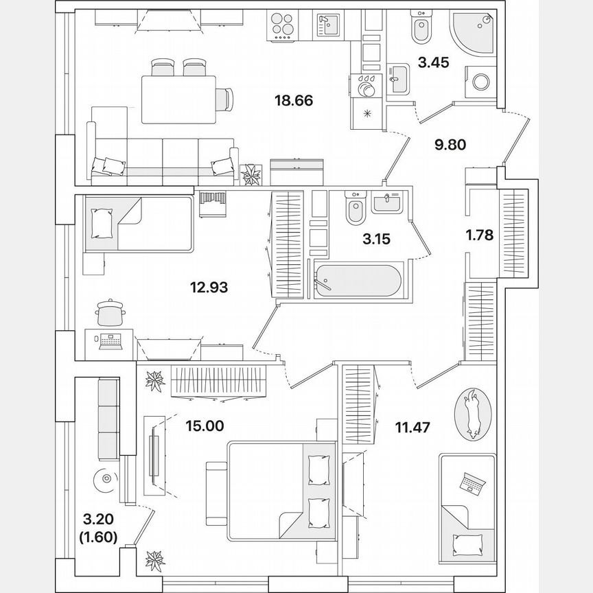3-к. квартира, 77,8 м², 10/12 эт.