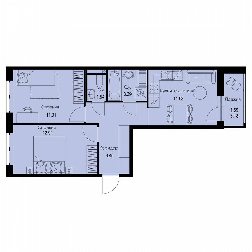 2-к. квартира, 51,8 м², 5/9 эт.