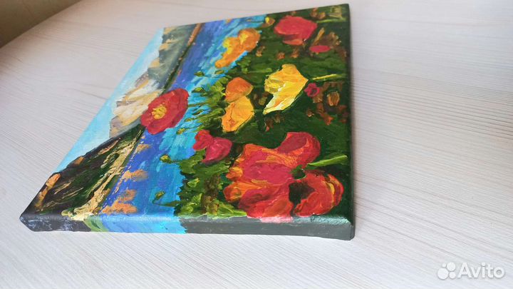 Картина маслом красные маки горный пейзаж