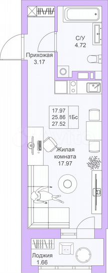 Квартира-студия, 27,5 м², 4/25 эт.