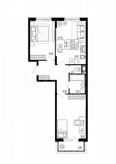 2-к. квартира, 59 м², 2/4 эт.