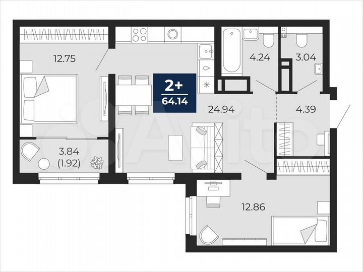 2-к. квартира, 64,1 м², 16/22 эт.